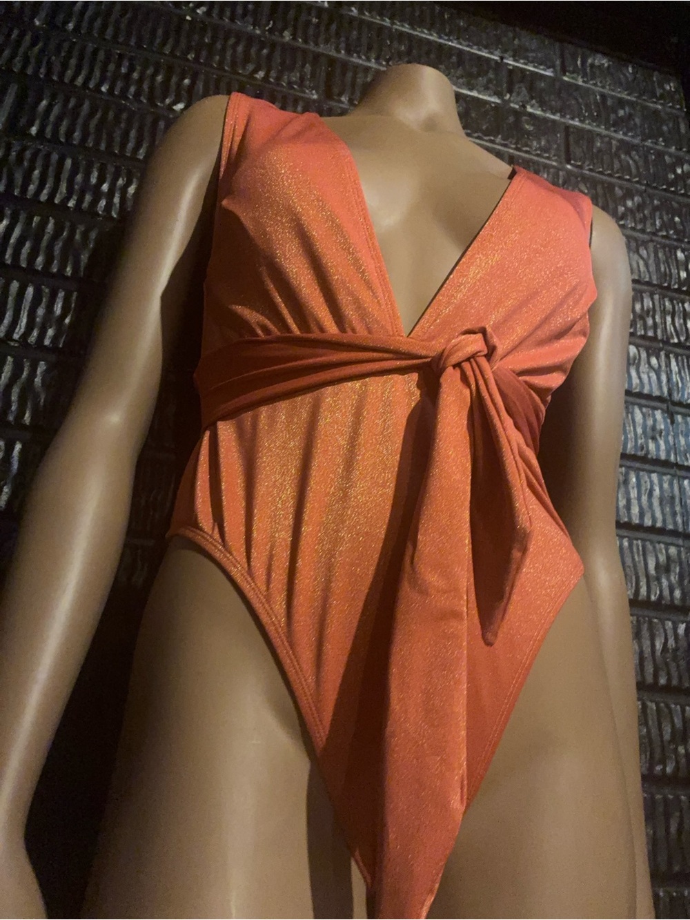 Shimmering Rust Orange Knot-Front One-Piece - Picture 2 of 4